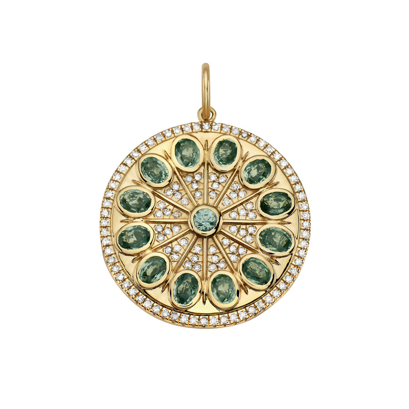 SERENITY AMULET 14k WITH DIAMONDS AND GREEN SAPPHIRES