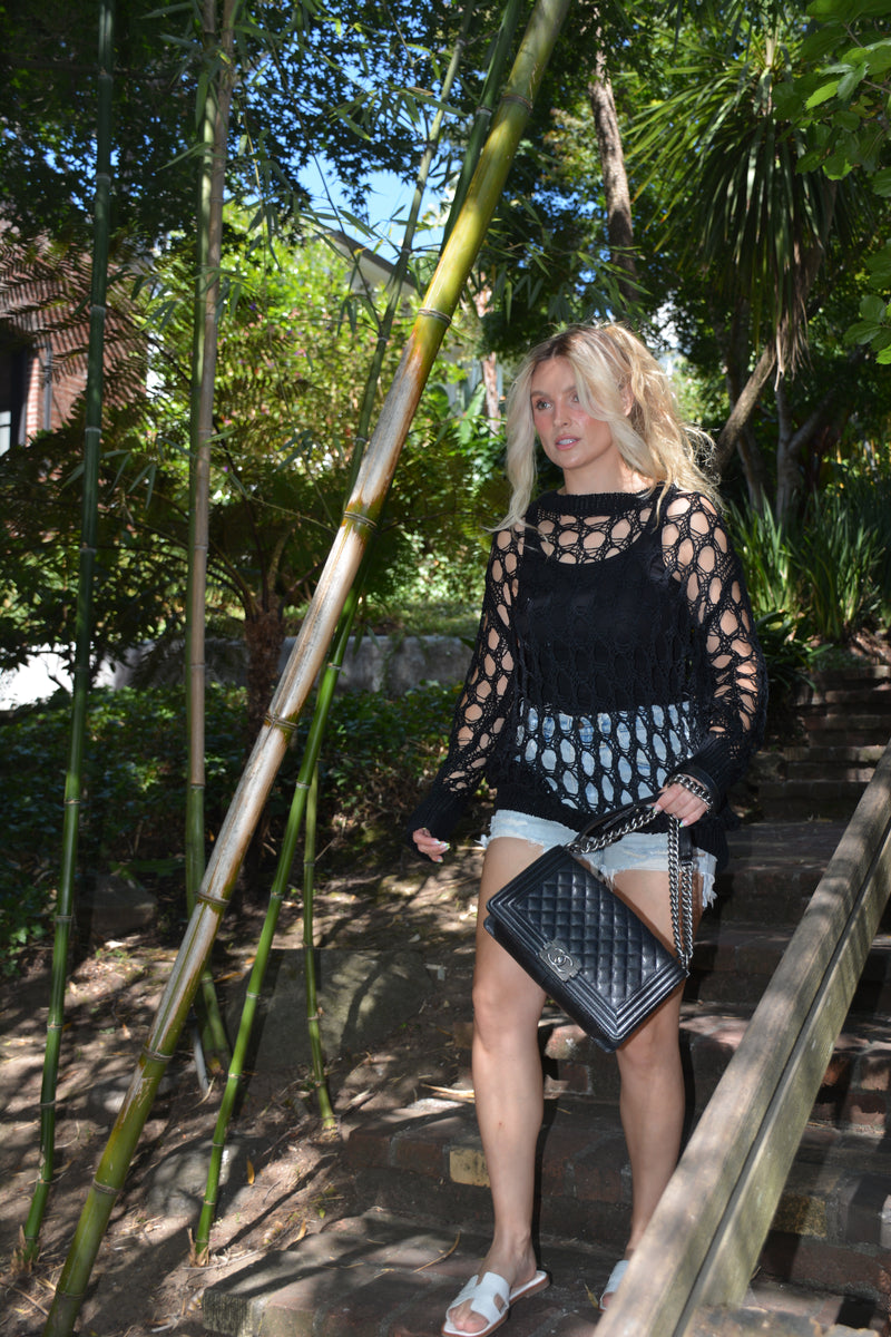 Santorini Crochet Sweater Cover Up | Black
