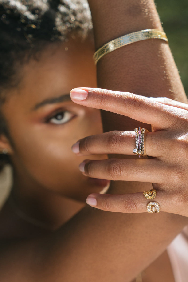 ¡Buenos Días! “Horizon” Ray Ring in Yellow Gold with White Diamonds and White Diamond Bezel